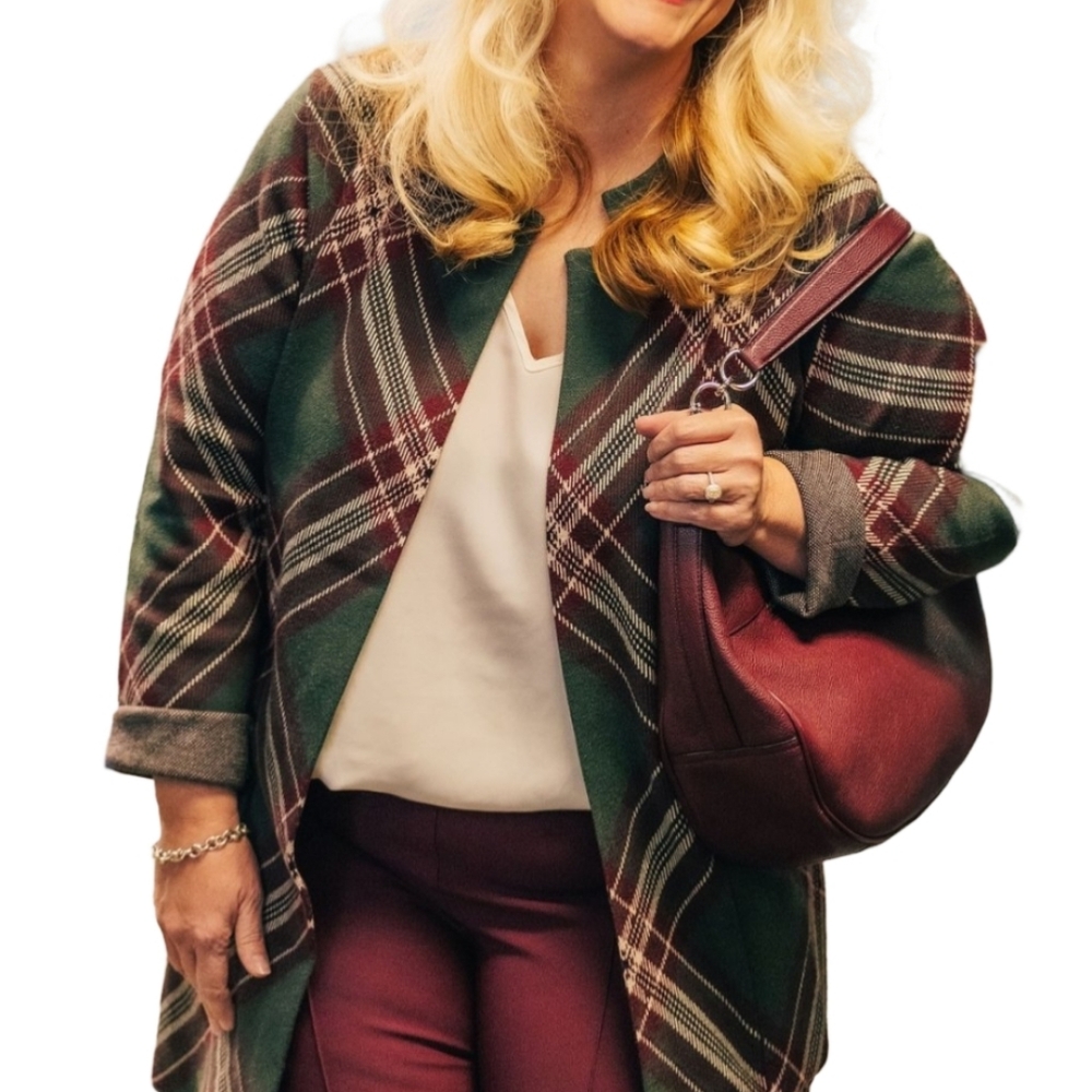 Tahari Womens Green Burgundy Plaid Open Front Longline Cardigan Sweater Size‎ M
